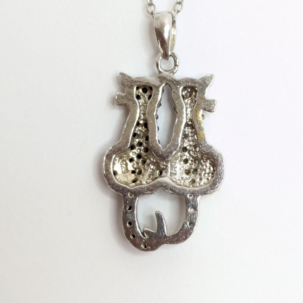 925 Sterling Silver Black & White CZ Cat Couple Pendant Necklace - 18" Chain - Picture 3 of 9